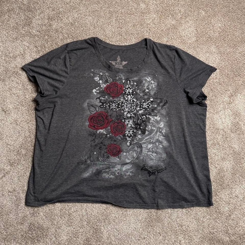 GREY MXM Y2K STYLE ROSE TEE